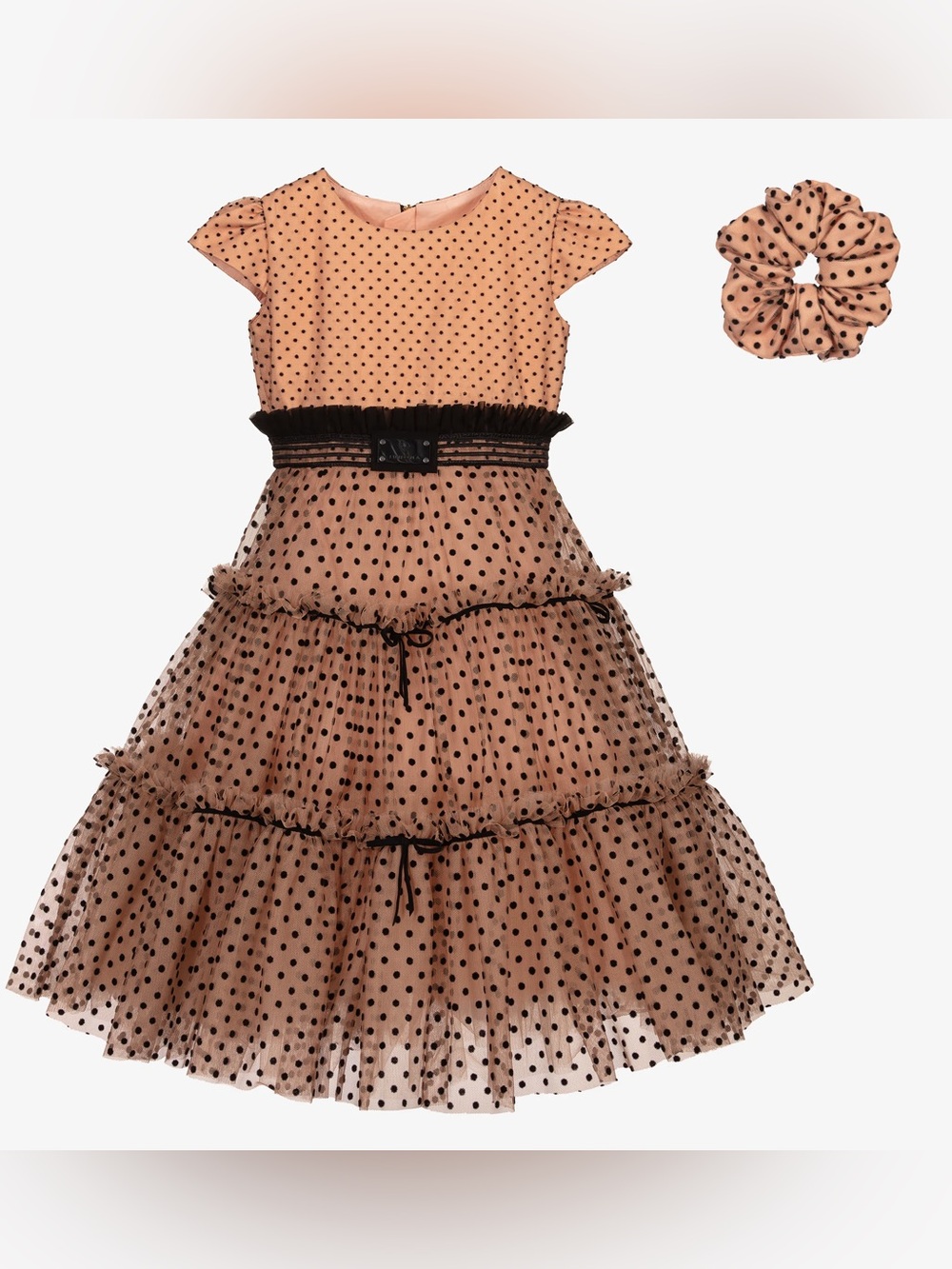 Girls Peach Polka Dot Tiered Party Dress with Black Trim